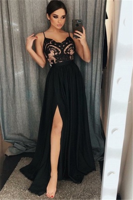 Black A-line Spaghetti Straps Evening Dresses | Side Slit Appliques Prom Dresses_1