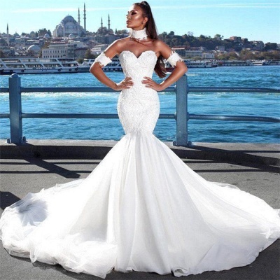 Alluring Lace Wedding Dresses with Choker Mermaid Sweetheart Modern Bridal Gowns Online_3