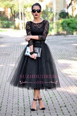 A-Line Tulle Tea-Length Lace Popular Black Evening Gowns BA7250_1
