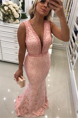 Sexy V-Neck Pink Lace Prom Dresses | Sleeveless Mermaid Evening Dresses with Beadings SK0160-BMT_1