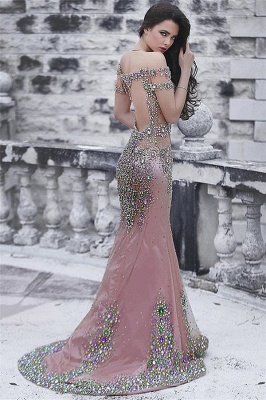 Open Back Pink Evening Gown Long Mermaid Beading Crystals Off The Shoulder Formal Dress_1