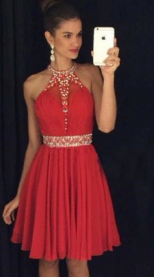 Crystal Halter Red Mini Homecoming Dresses Sleeveless Chiffon Short Summer Gowns_1