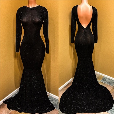 Open Back Black Long Sleeve Prom Dress  | Sequins Sheath Evening Dress with Long Train_3