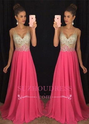 V-Neck Glamorous Chiffon Sleeveless A-Line Crystal Sexy Prom Dress  GA073_3