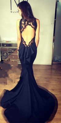 Sexy Mermaid Black Prom Dresses with Lace Open Back  Long Vvening Gowns_4