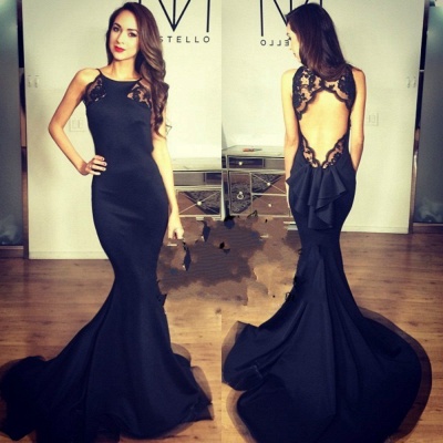 Sexy Mermaid Black Prom Dresses with Lace Open Back  Long Vvening Gowns_3
