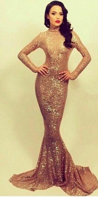 High Neck Sequins Long Sleeve Evening Dresses Fishtail  Sexy Prom Dresses FB0166_1