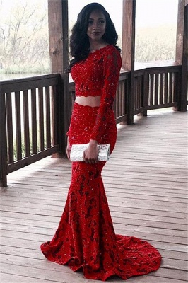 Two Piece Lace Sexy Prom Dresses  | Red Long Sleeve Beads Sequins Evening Gown_1