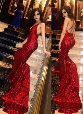 Sexy Sequined Red V-Neck Prom Dresses | Backless Mermaid Evening Dresses_1