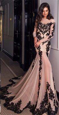 Long Sleeve Black Lace Applique Evening Dresses Sexy Mermaid Tulle Formal Dress_1