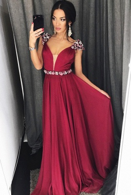 Cap Sleeves Crystals Burgundy Evening Dresses  Chiffon V-neck Sexy Prom Dress with Belt_1