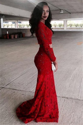 Two Piece Lace Sexy Prom Dresses  | Red Long Sleeve Beads Sequins Evening Gown_4