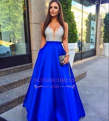 Sleeveless Beaded V-Neck Evening Gowns with Pockets Royal Blue  Silver Prom Dresses LY77_1
