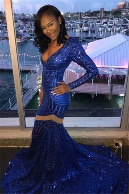 Sexy Deep-V-Neck Royal Blue Prom Dresses  Mermaid Long Sleeves Evening Gowns SK0105_1