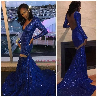 Sexy Deep-V-Neck Royal Blue Prom Dresses  Mermaid Long Sleeves Evening Gowns SK0105_4