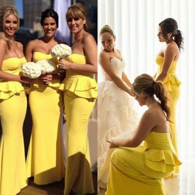 Mermaid Bright Yellow  Wedding Party Dress Ruffles Long Peplum Bridesmaid Dresses_3