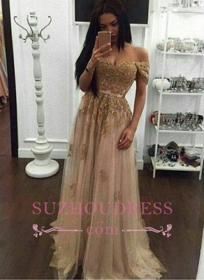 Appliques Long A-line Off-the-Shoulder Evening Dresses  Gold Sexy Prom Gown BA4856_1