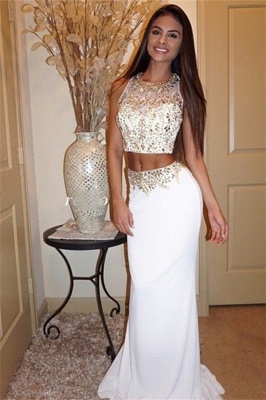 Two Pieces Prom Dresses Sleeveless Beading Sequins Long Evening Dress_4