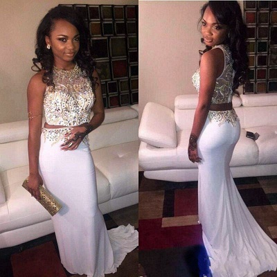 Two Pieces Prom Dresses Sleeveless Beading Sequins Long Evening Dress_3