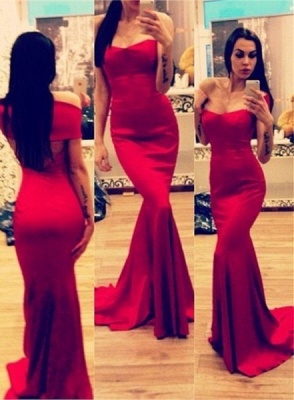 New Arrival Prom Dresses Off The Shoulder Open Back Red Mermaid Bridesmaid Dress_1