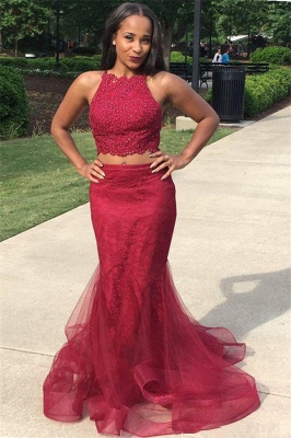 Two Piece Burgundy Lace Prom Dresses Sexy |  Sleeveless Puffy Tulle Evening Gown_1