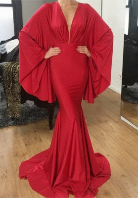 Red Sexy V-Neck Formal Dress Plus Size Mermaid Long Evening Dress with Batwing Sleeve_1