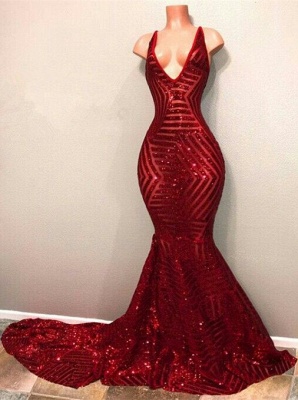 Mermaid Red Sequins Prom Dresses  V-neck Sleeveless Long Train Sexy Evening Gown BA7779_1