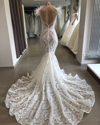 Tempting Open Back Wedding Dresses with Feather Fit and Flare Lace Crystals Necklace Bridal Gowns Online_1