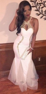 Halter Open Back Prom Dresses Mermaid Sleeveless Gold Beading Sequins Evening Gowns_1