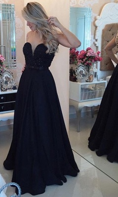 Sweetheart Black Chiffon Evening Gowns with Beadings A-Line Open Back Prom Dress_1