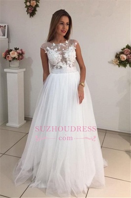 A-Line Elegant Bride Dress  Cap Sleeves Appliques White Tulle Wedding Dresses_4