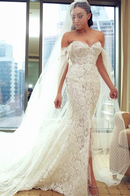 Gorgeous Sweetheart Lace Mermaid Wedding Dresses Front Split Bridal Dresses with Tulle Wrap_1