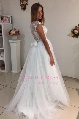 A-Line Elegant Bride Dress  Cap Sleeves Appliques White Tulle Wedding Dresses_3