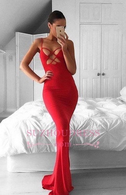 Sweep-Train Spaghetti-Strap Mermaid Hot Red Sleeveless Prom Dress_3