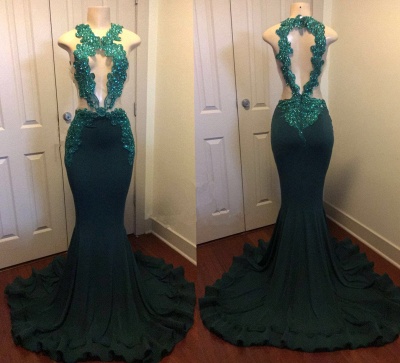 Dark Green Sexy Mermaid Crystals Prom Dress | Sparkling Appliques Open Back Real Evening Dress FB0325-MQ0_1