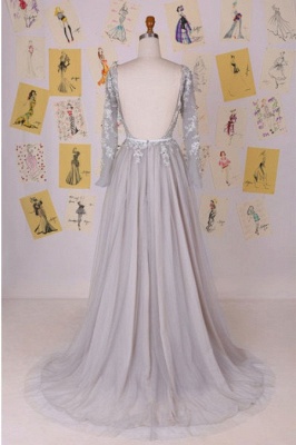 Chiffon Long Sleeve A-Line  Prom Dress Open Back Lace Applique Party Dresses_3