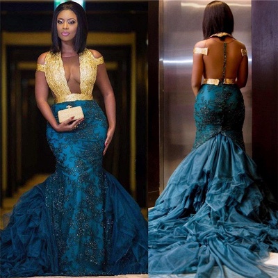 Sheer Tulle Gold Lace Sexy Prom Dress | Blue Lace Appliques Evening Gown with Long Train_4