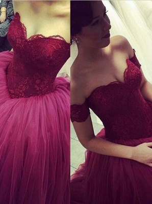 Elegant Off the Shoulder Short Sleeve  Prom Dress Lace Tulle Ball Gown Evening Dresses PD282_1