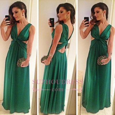 Green Sleeveless V-Neck Evening Gowns  A-Line Floor Length Sexy Prom Dress_1