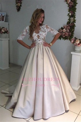 Half Sleeves  Bride Dress A-Line Elegant Illusion Appliques Lace Puff Wedding Dress_3