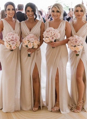 Simple Chiffon Long Bridesmaid Dresses | V-Neck Sleeveless Side-Slit Prom Dresses_1