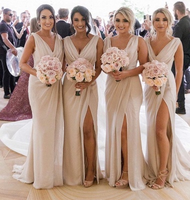 Simple Chiffon Long Bridesmaid Dresses | V-Neck Sleeveless Side-Slit Prom Dresses_2