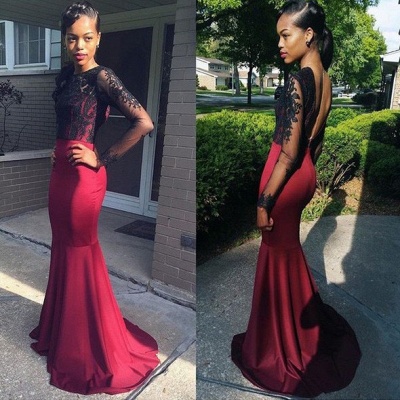 Mwemaid Long Sleeve Burgundy Evening Gown Sexy Black Lace Backless  Prom Dresses_3