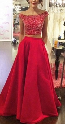 Red Two Piece Off Shoulder Prom Dress Back Hole Bateau A-line Evening Dresses with Pocket_1