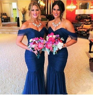 Royal Blue Tulle Off-the-shoulder  Bridesmaid Dress with Fishtail Sexy Maid Of Honor Dresses_2