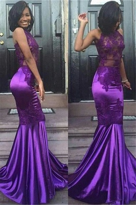 Sexy Halter Mermaid Purple Evening Gown Appliques Lace Open Back Sleeveless Prom Dress  JJ0135_4