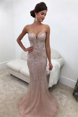 Glamorous Sweetheart Mermaid Crystal Prom Dresses |  Sweep-Train Tulle Evening Dresses_3