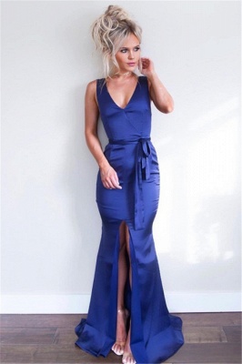 Royal Blue V-Neck Sheath Evening Dresses | Sleeveless Front Split Formal Dresses_1