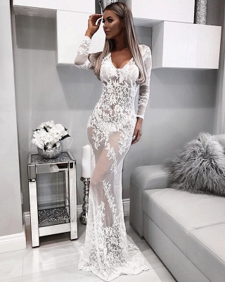 Deep V-neck Sexy Lace Formal Dress  | Long Sleeve See Through Evening Gown_4