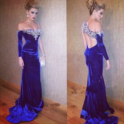 Blue Velvet Sexy Evening Dress with One Sleeve Open Back  Plus Size Formal Dresses_2